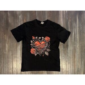 Gothic Bleeding Heart Barbed Wire Roses Graphic T-Shirt Black